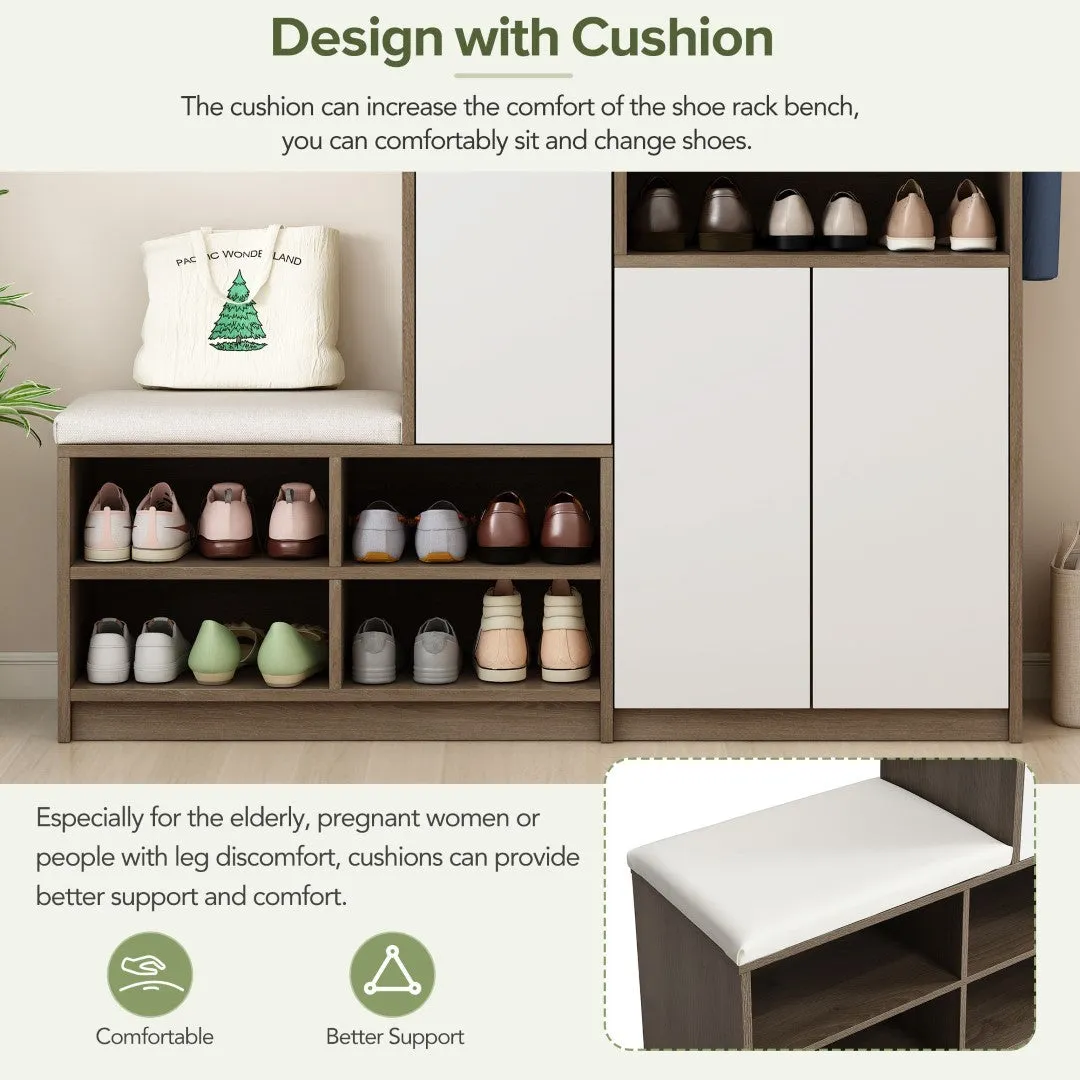 2-In-1 Shoe Storage Bench & Cabinets, Multi-Functional Rack With Padded Seat, Adjustable Shelves, White
