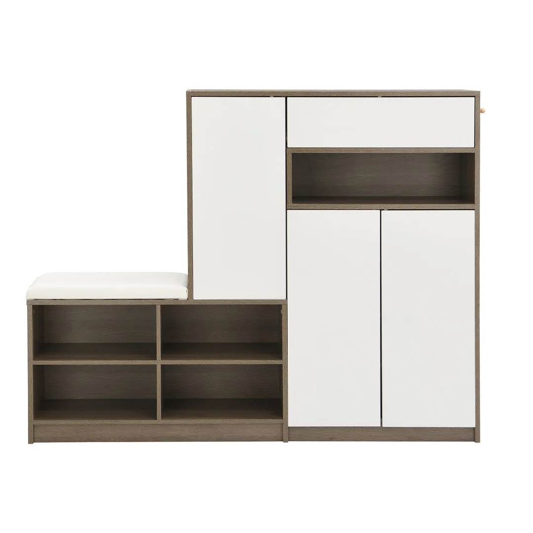 2-In-1 Shoe Storage Bench & Cabinets, Multi-Functional Rack With Padded Seat, Adjustable Shelves, White