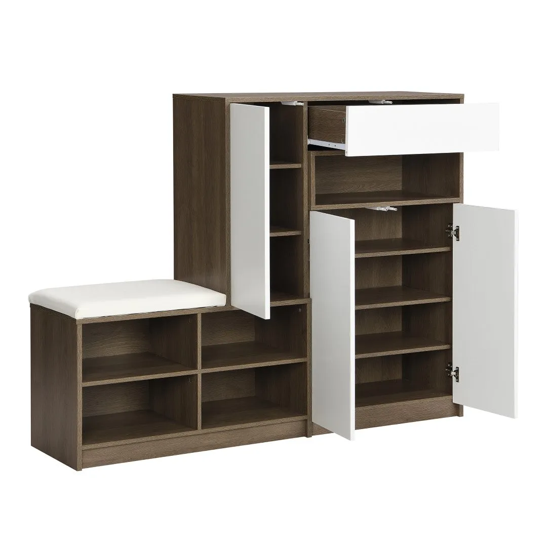2-In-1 Shoe Storage Bench & Cabinets, Multi-Functional Rack With Padded Seat, Adjustable Shelves, White