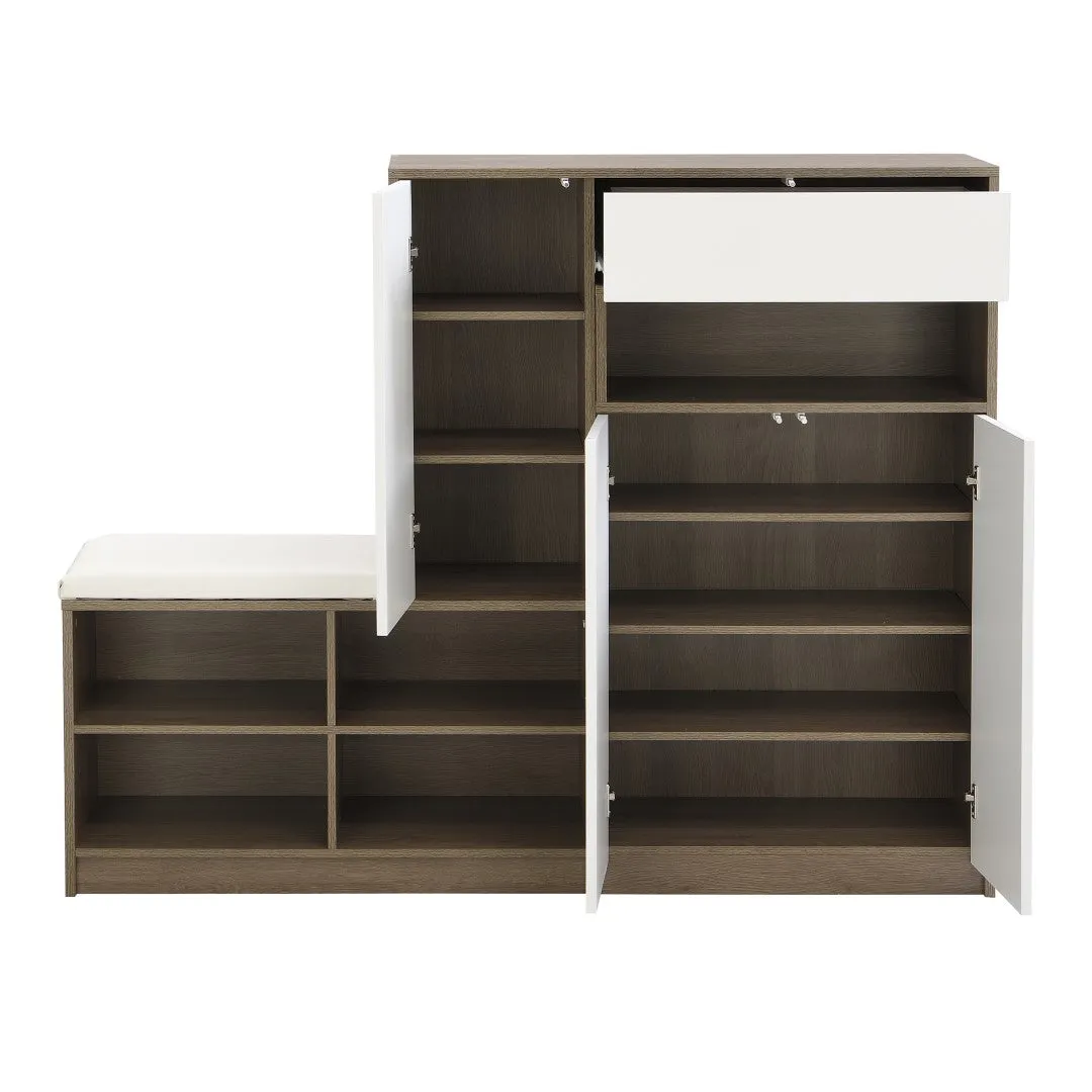 2-In-1 Shoe Storage Bench & Cabinets, Multi-Functional Rack With Padded Seat, Adjustable Shelves, White
