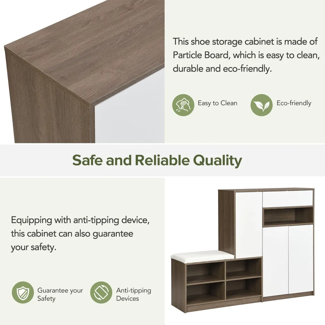 2-In-1 Shoe Storage Bench & Cabinets, Multi-Functional Rack With Padded Seat, Adjustable Shelves, White
