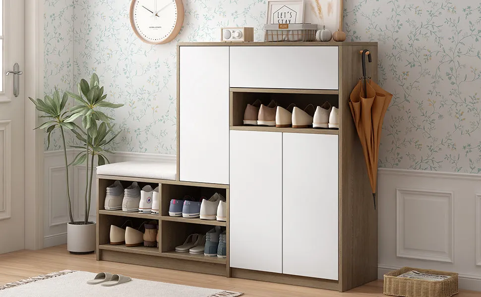 2-In-1 Shoe Storage Bench & Cabinets, Multi-Functional Rack With Padded Seat, Adjustable Shelves, White