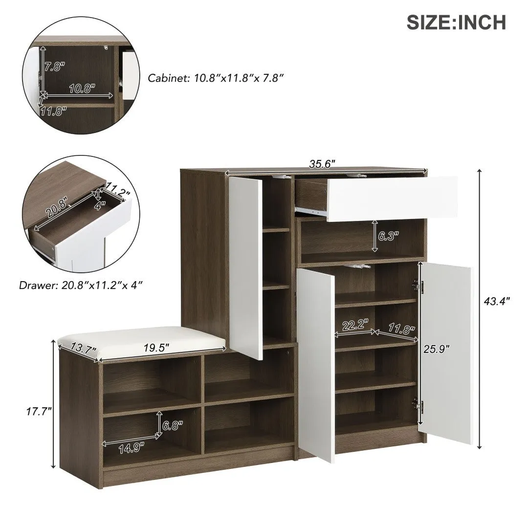2-In-1 Shoe Storage Bench & Cabinets, Multi-Functional Rack With Padded Seat, Adjustable Shelves, White