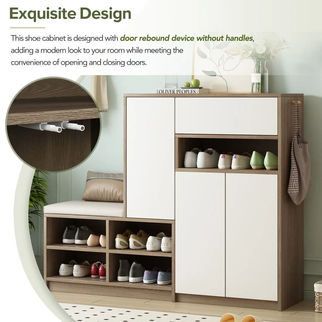 2-In-1 Shoe Storage Bench & Cabinets, Multi-Functional Rack With Padded Seat, Adjustable Shelves, White