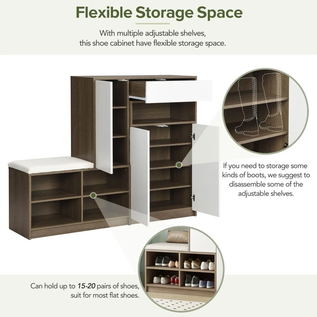 2-In-1 Shoe Storage Bench & Cabinets, Multi-Functional Rack With Padded Seat, Adjustable Shelves, White