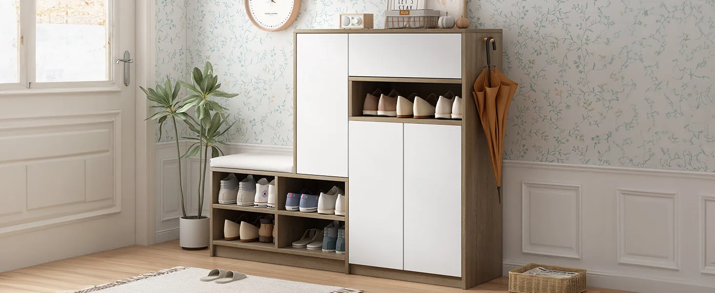 2-In-1 Shoe Storage Bench & Cabinets, Multi-Functional Rack With Padded Seat, Adjustable Shelves, White