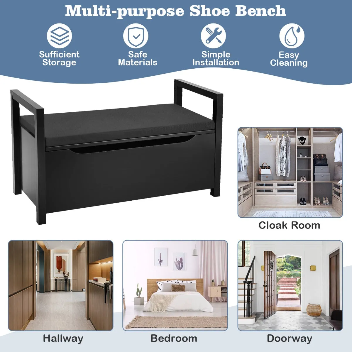 2-in-1 Wooden Shoe Changing Bench with Storage Space-Black