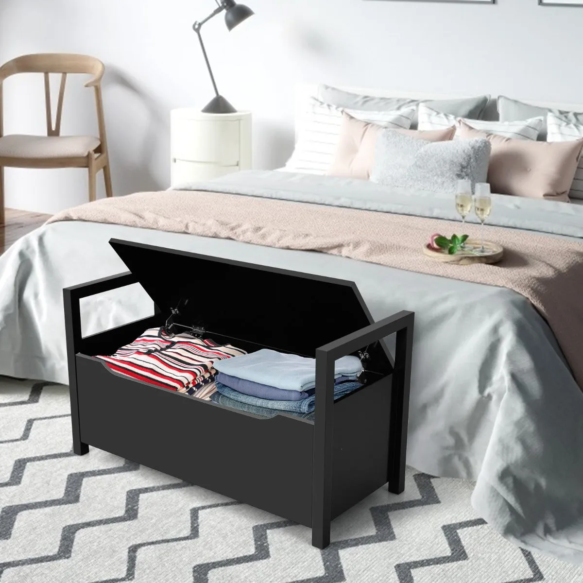 2-in-1 Wooden Shoe Changing Bench with Storage Space-Black