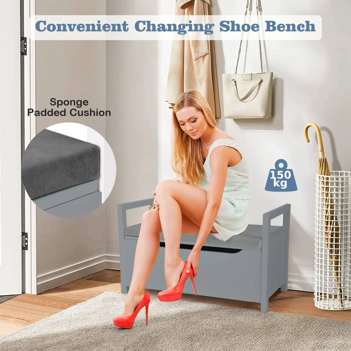 2-in-1 Wooden Shoe Changing Bench with Storage Space-Grey