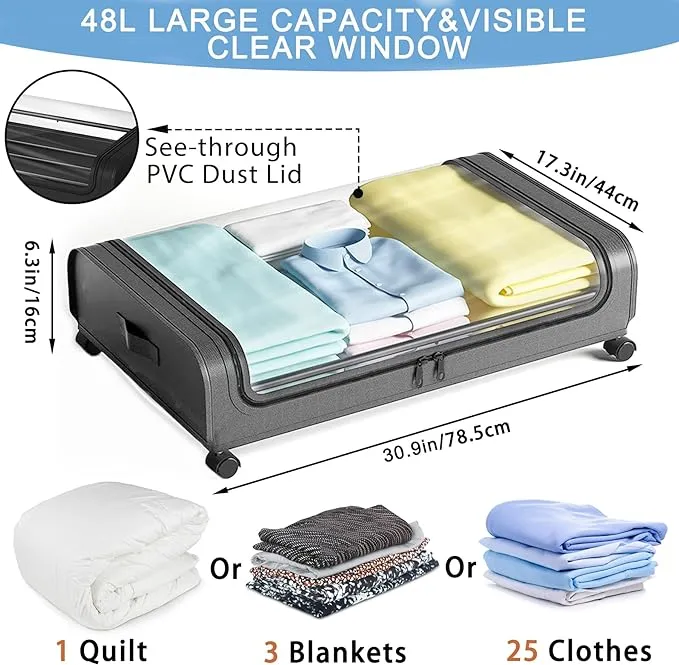 2 Pack Under Bed Storage with Wheels Lid Underbed Containers Clear Window Organization Home Bedroom Drawer Bin for Clothes Shoes Toys Blankets Grey