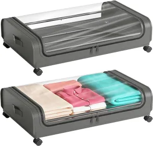 2 Pack Under Bed Storage with Wheels Lid Underbed Containers Clear Window Organization Home Bedroom Drawer Bin for Clothes Shoes Toys Blankets Grey