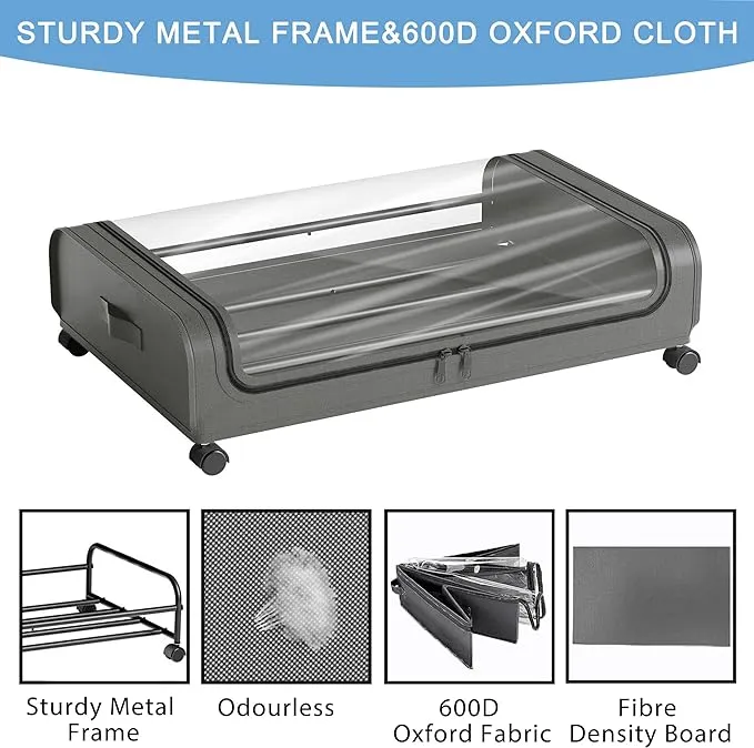 2 Pack Under Bed Storage with Wheels Lid Underbed Containers Clear Window Organization Home Bedroom Drawer Bin for Clothes Shoes Toys Blankets Grey