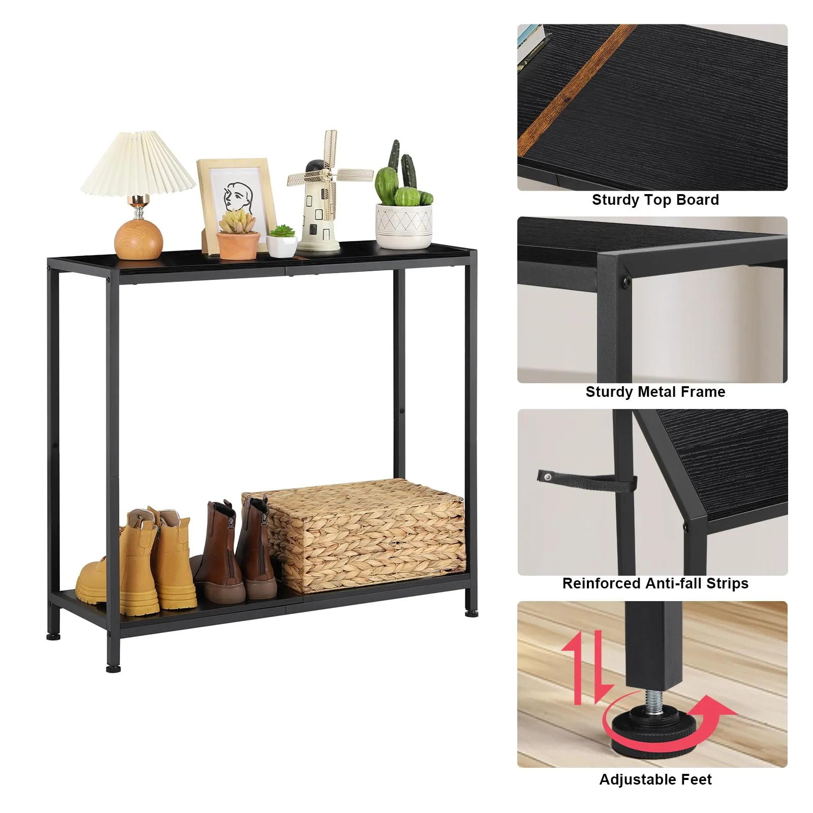2 Tier Console Table, Couch Table, Narrow Sofa Table Entryway Table with Shelves, Entrance Table for Hallway, Living Room, Office, Foyer, Corridor, Black