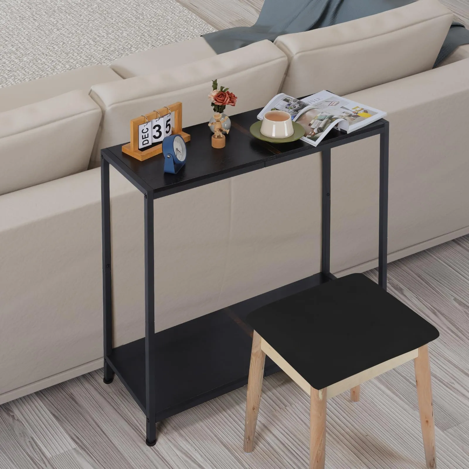 2 Tier Console Table, Couch Table, Narrow Sofa Table Entryway Table with Shelves, Entrance Table for Hallway, Living Room, Office, Foyer, Corridor, Black