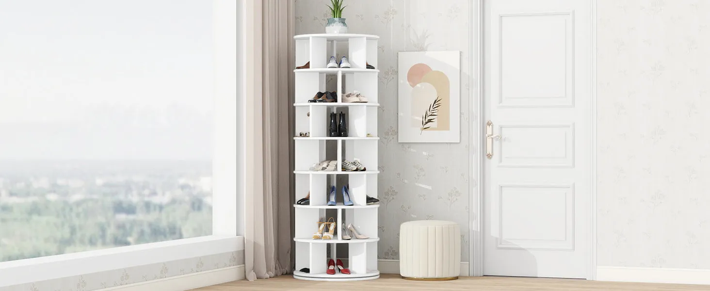 23.6'' Rotating Shoe Rack Tower, 7-Tier Spinning Shelf With 5 Grids Per Layer, Display Rack, 360° Revolving Carousel Closet Organizer, White