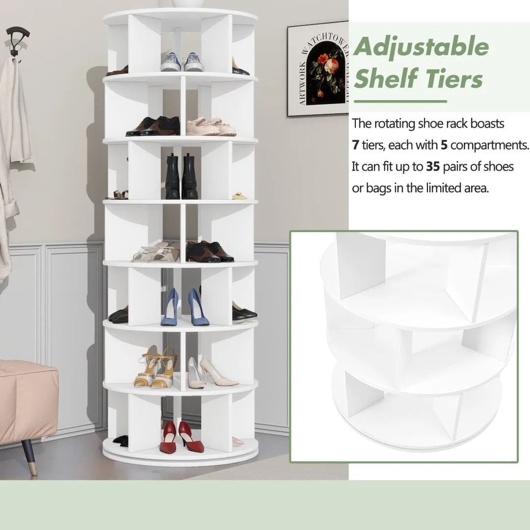 23.6'' Rotating Shoe Rack Tower, 7-Tier Spinning Shelf With 5 Grids Per Layer, Display Rack, 360° Revolving Carousel Closet Organizer, White
