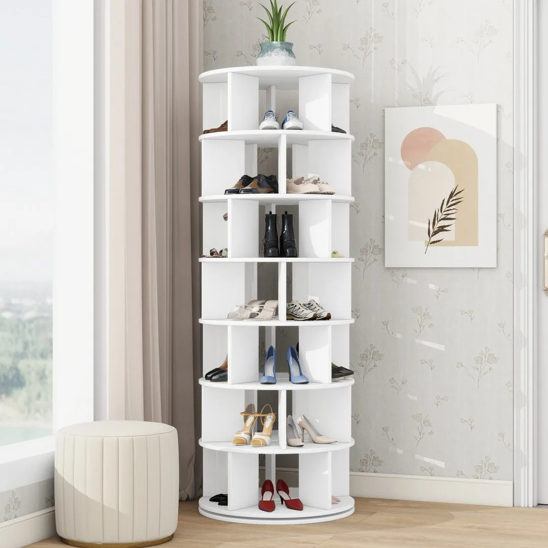 23.6'' Rotating Shoe Rack Tower, 7-Tier Spinning Shelf With 5 Grids Per Layer, Display Rack, 360° Revolving Carousel Closet Organizer, White