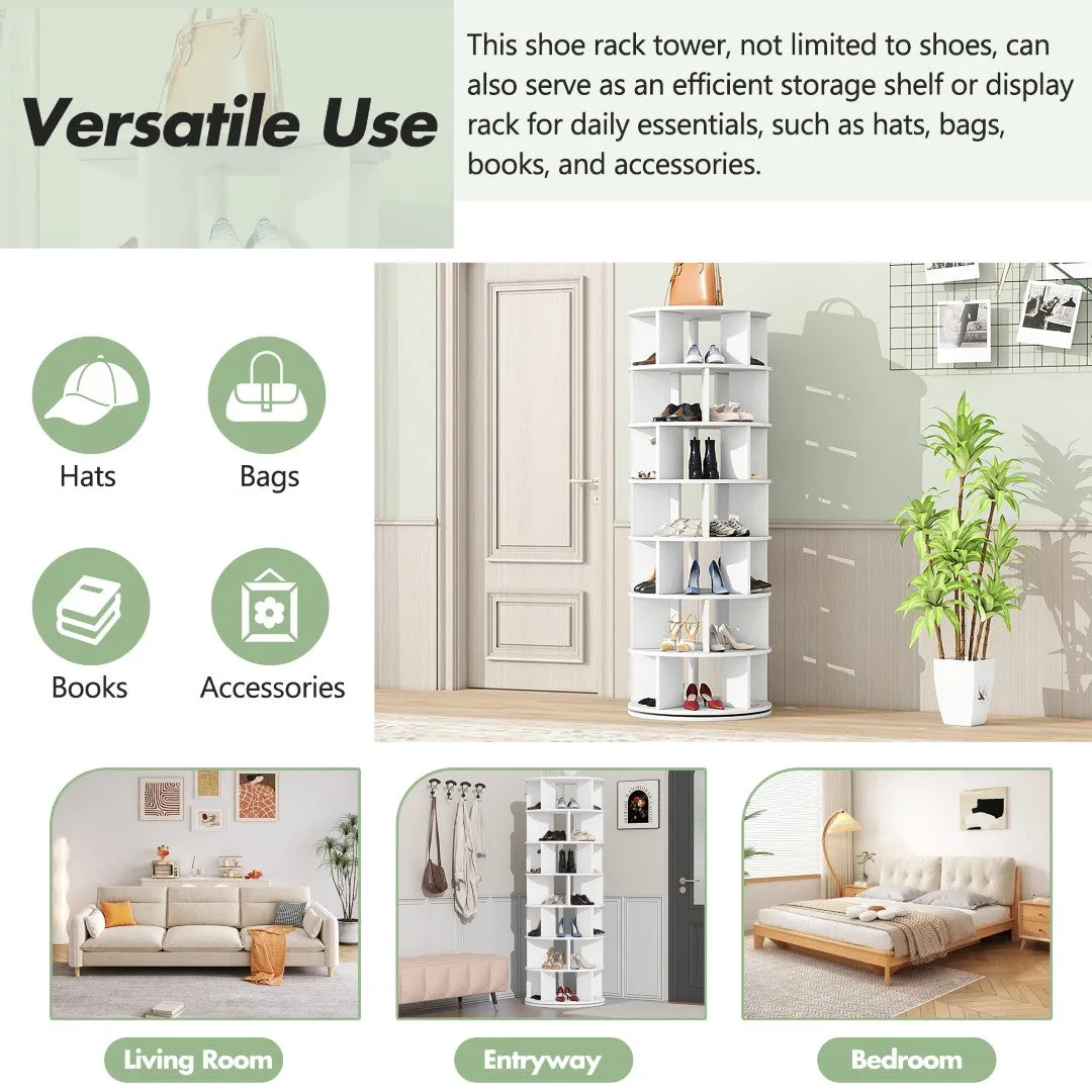 23.6'' Rotating Shoe Rack Tower, 7-Tier Spinning Shelf With 5 Grids Per Layer, Display Rack, 360° Revolving Carousel Closet Organizer, White
