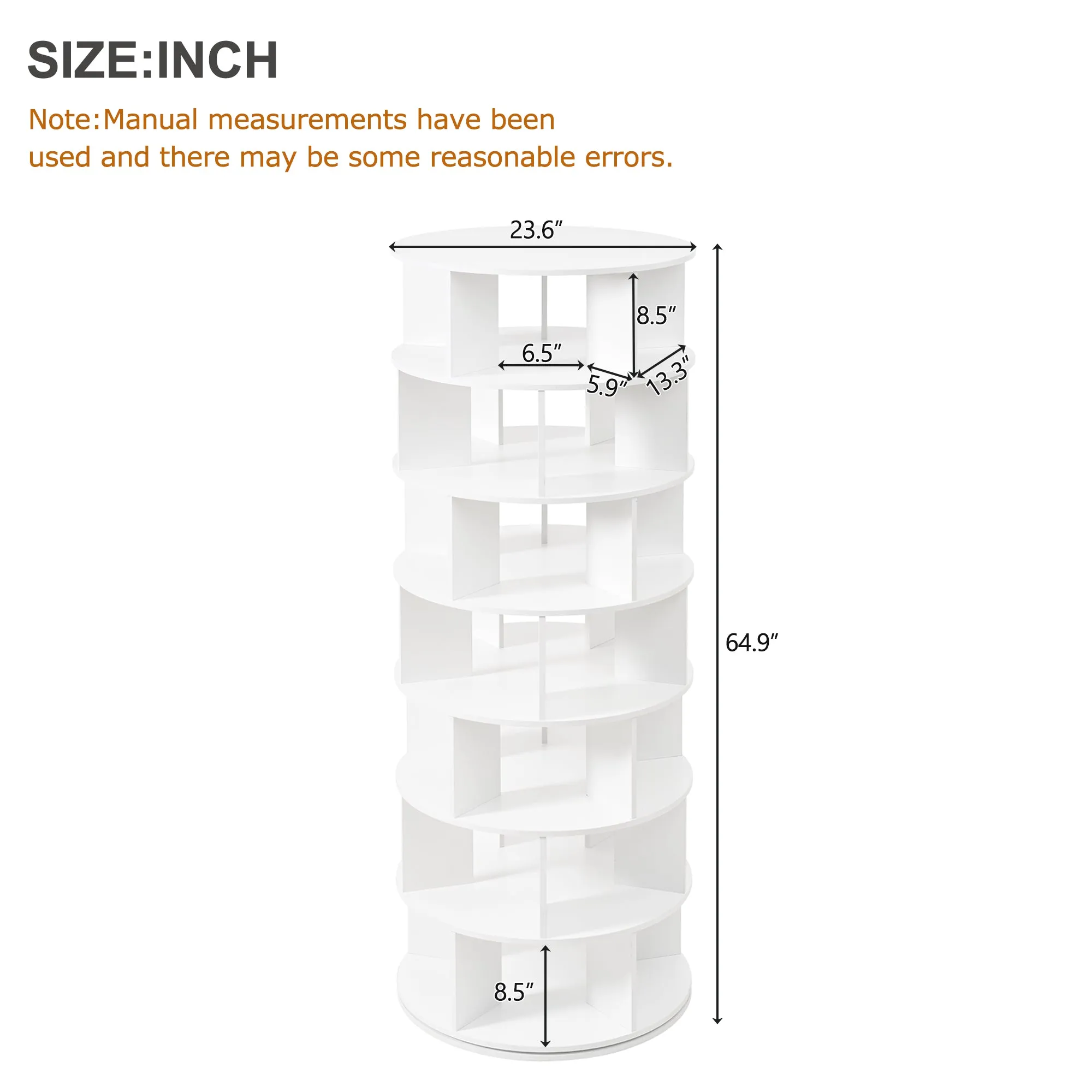23.6'' Rotating Shoe Rack Tower, 7-Tier Spinning Shelf With 5 Grids Per Layer, Display Rack, 360° Revolving Carousel Closet Organizer, White