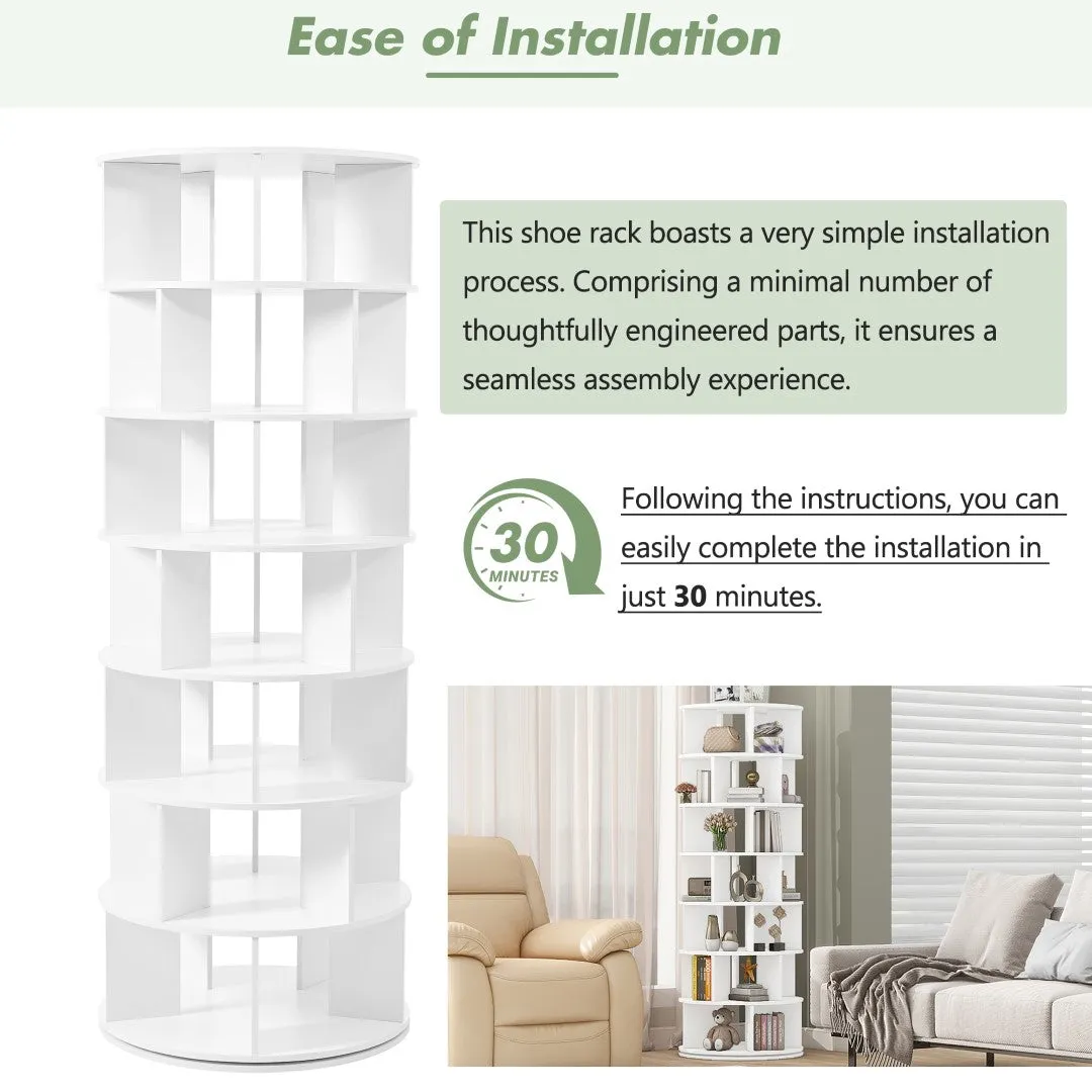 23.6'' Rotating Shoe Rack Tower, 7-Tier Spinning Shelf With 5 Grids Per Layer, Display Rack, 360° Revolving Carousel Closet Organizer, White