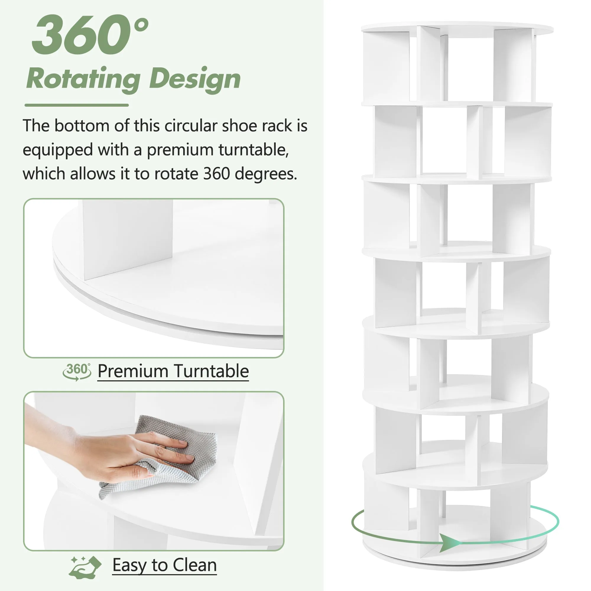 23.6'' Rotating Shoe Rack Tower, 7-Tier Spinning Shelf With 5 Grids Per Layer, Display Rack, 360° Revolving Carousel Closet Organizer, White