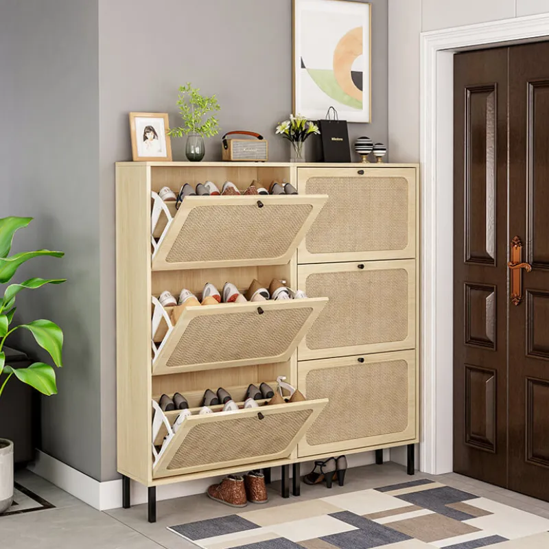 23" Natural Rattan Shoe Rack with 3 Flip Doors