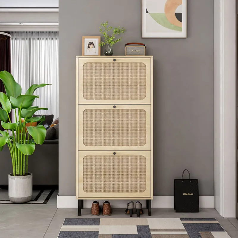 23" Natural Rattan Shoe Rack with 3 Flip Doors
