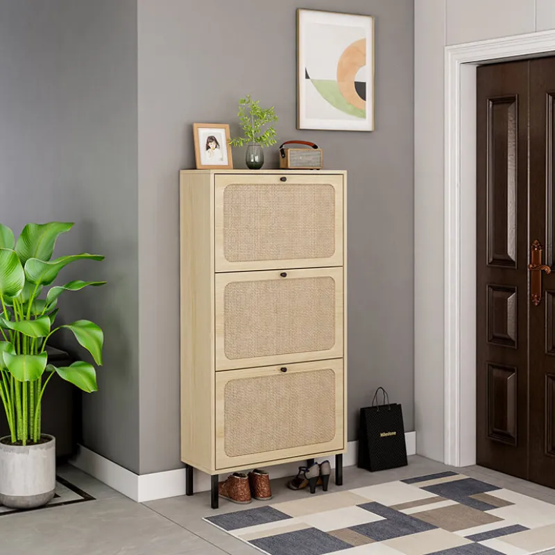 23" Natural Rattan Shoe Rack with 3 Flip Doors
