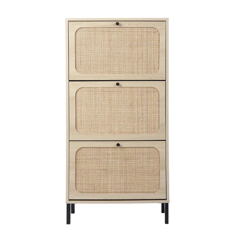 23" Natural Rattan Shoe Rack with 3 Flip Doors