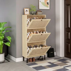 23" Natural Rattan Shoe Rack with 3 Flip Doors
