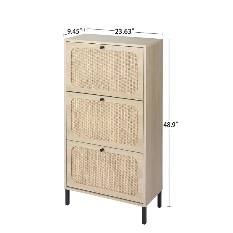 23" Natural Rattan Shoe Rack with 3 Flip Doors