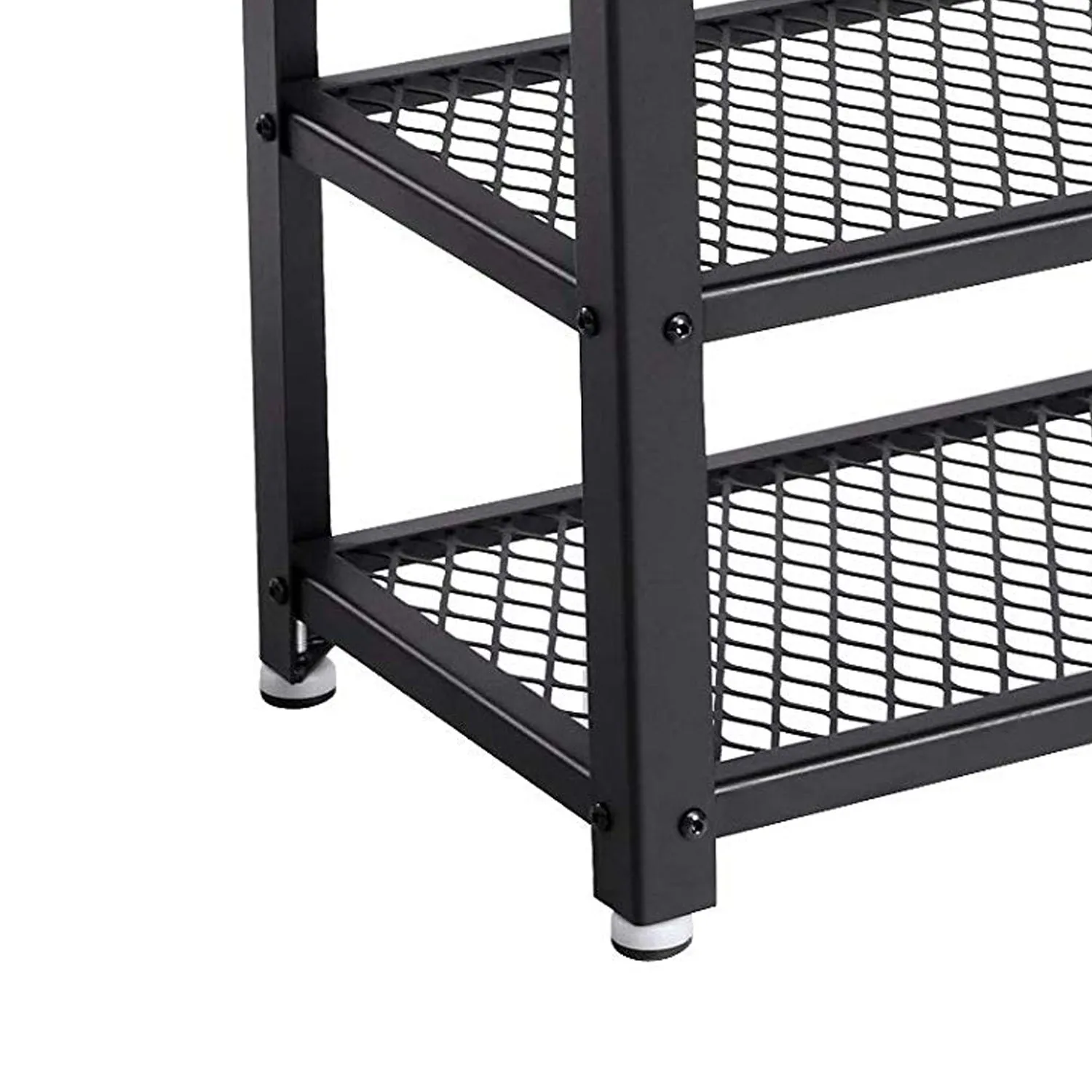 29 Inch Industrial Metal Frame Shoe Rack, Wood Top Shelf, 2 Mesh Shelves, Black, Rustic Brown