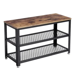 29 Inch Industrial Metal Frame Shoe Rack, Wood Top Shelf, 2 Mesh Shelves, Black, Rustic Brown