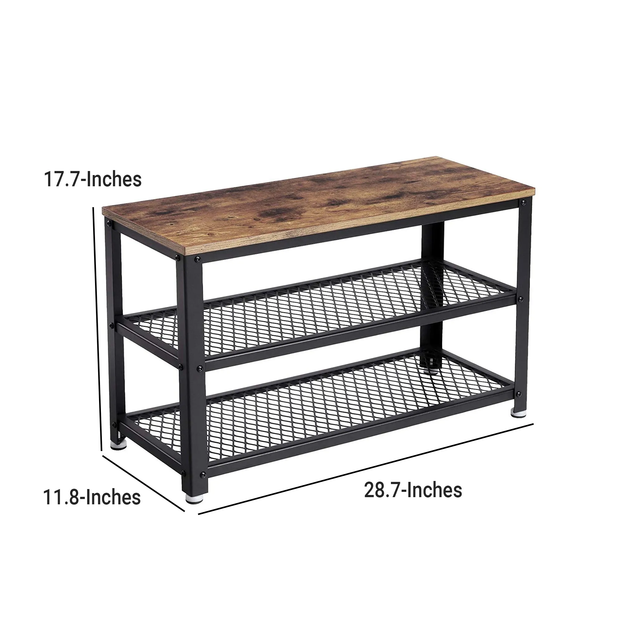 29 Inch Industrial Metal Frame Shoe Rack, Wood Top Shelf, 2 Mesh Shelves, Black, Rustic Brown