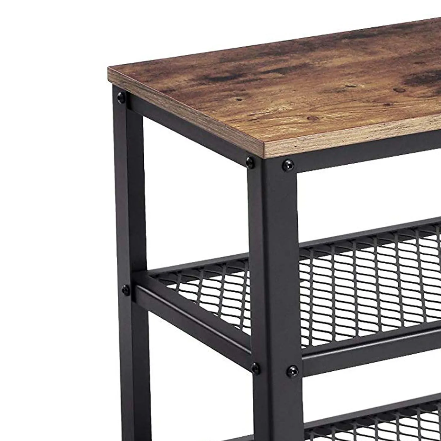 29 Inch Industrial Metal Frame Shoe Rack, Wood Top Shelf, 2 Mesh Shelves, Black, Rustic Brown