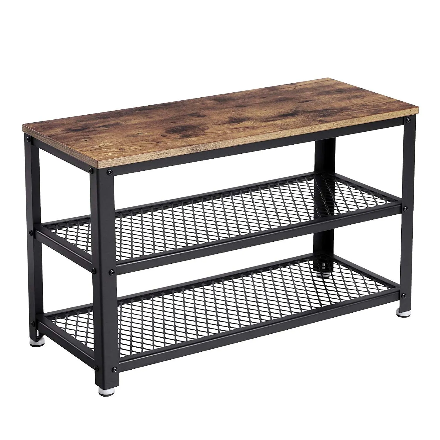29 Inch Industrial Metal Frame Shoe Rack, Wood Top Shelf, 2 Mesh Shelves, Black, Rustic Brown