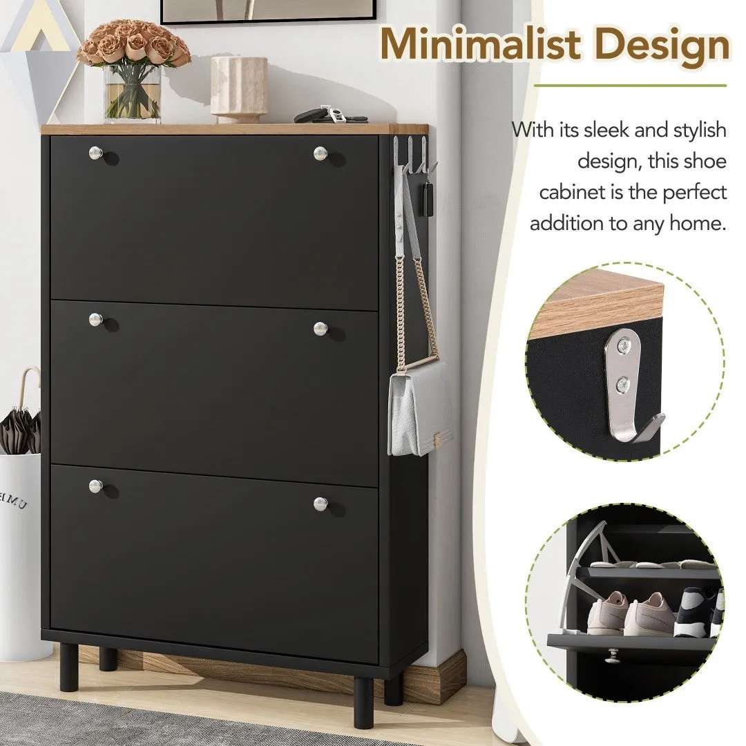3-Drawer Shoe Cabinet with Hooks & Wood Grain Top - Entryway Organizer