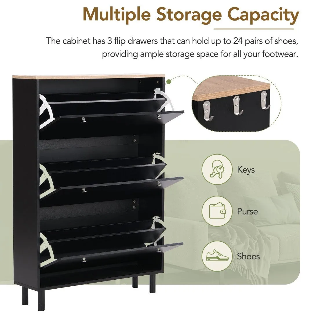 3-Drawer Shoe Cabinet with Hooks & Wood Grain Top - Entryway Organizer