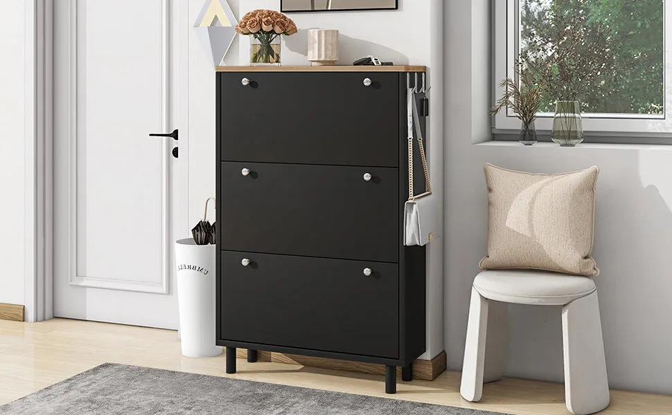 3-Drawer Shoe Cabinet with Hooks & Wood Grain Top - Entryway Organizer
