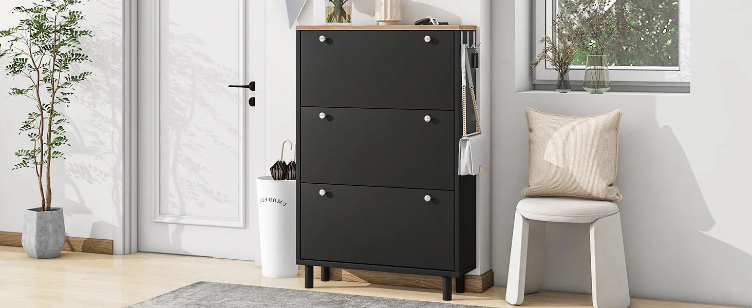 3-Drawer Shoe Cabinet with Hooks & Wood Grain Top - Entryway Organizer