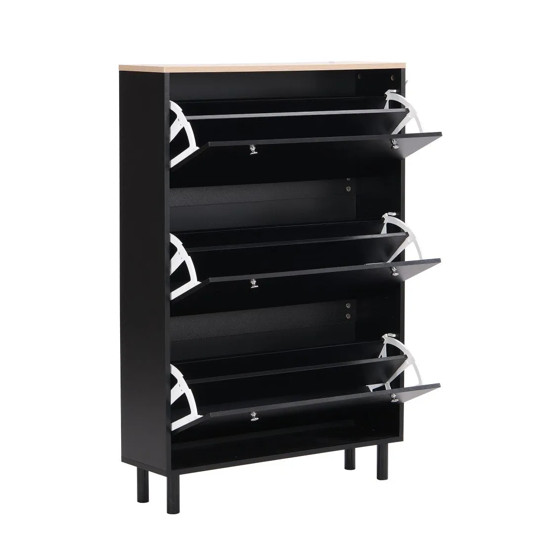 3-Drawer Shoe Cabinet with Hooks & Wood Grain Top - Entryway Organizer