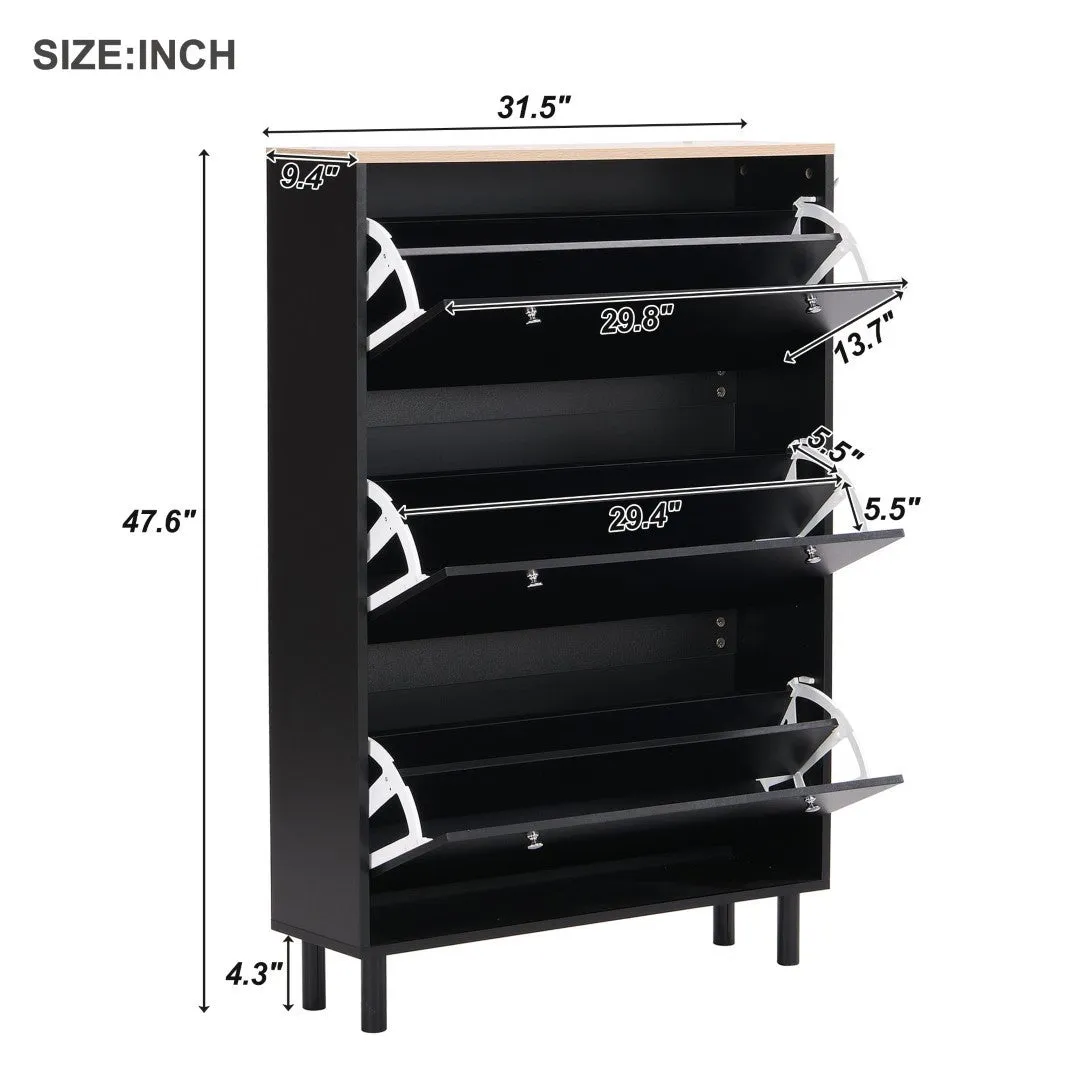 3-Drawer Shoe Cabinet with Hooks & Wood Grain Top - Entryway Organizer