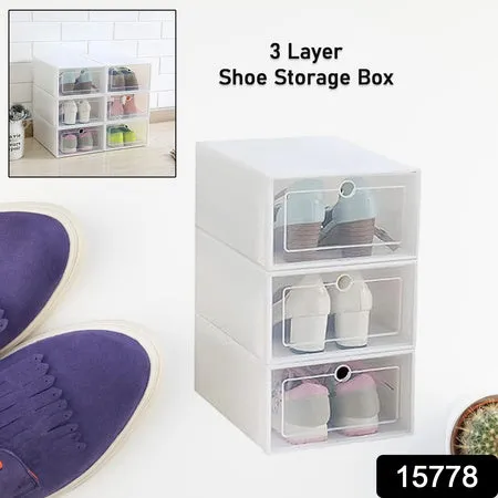 3 Layer Transparent Shoes Storage Box Plastic Stackable Shoe Storage (1 Set  3 Layer)