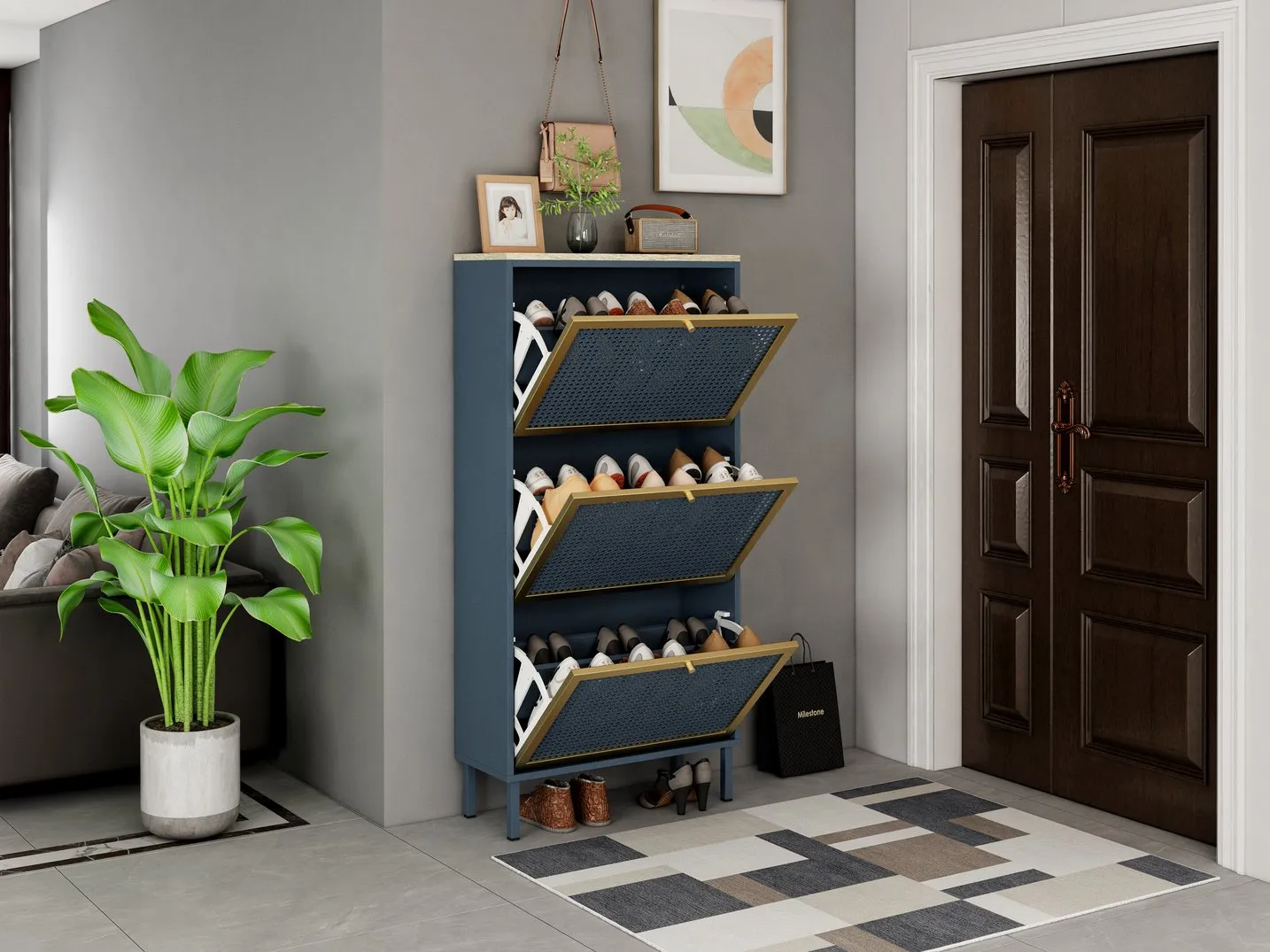 3 Metal Door Shoe Rack – Modern Freestanding Storage Cabinet with Double Shelves For Entryway Elegance