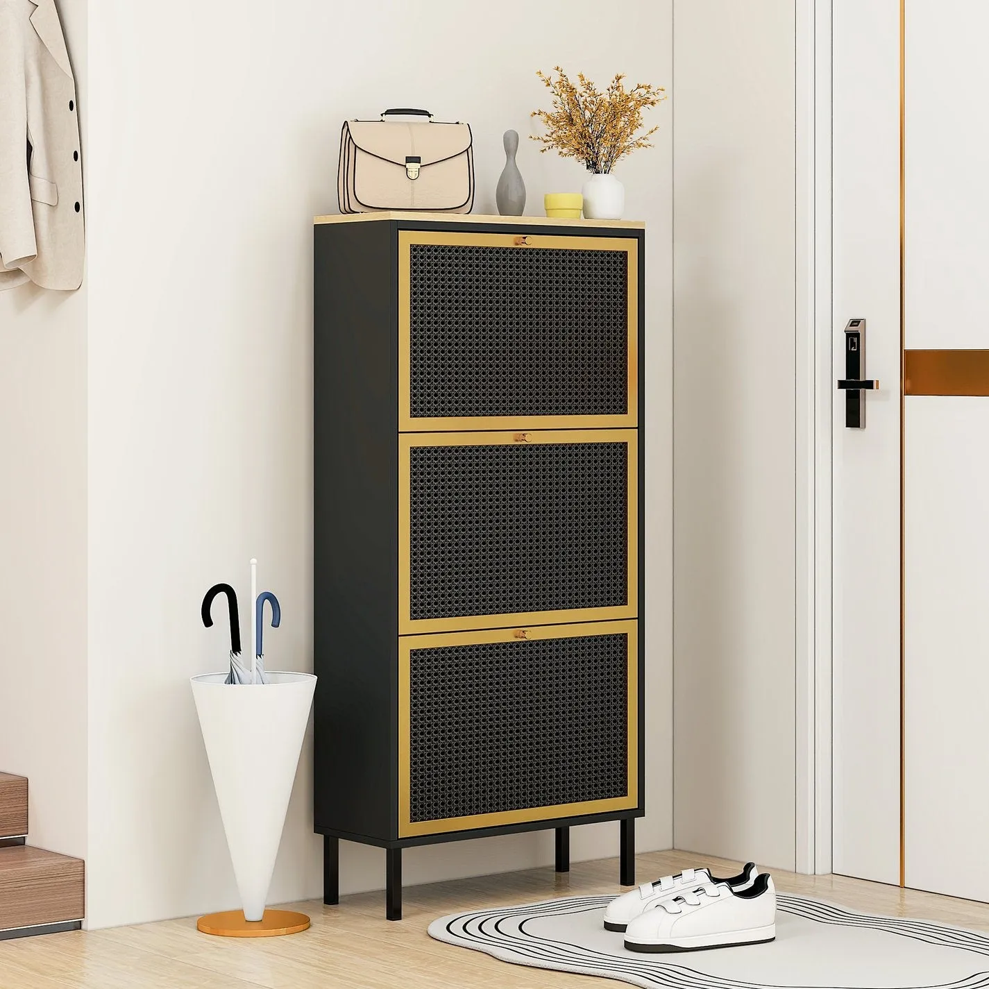 3 Metal Door Shoe Rack – Modern Freestanding Storage Cabinet with Double Shelves For Entryway Elegance