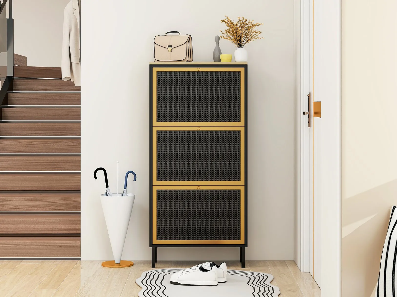 3 Metal Door Shoe Rack – Modern Freestanding Storage Cabinet with Double Shelves For Entryway Elegance