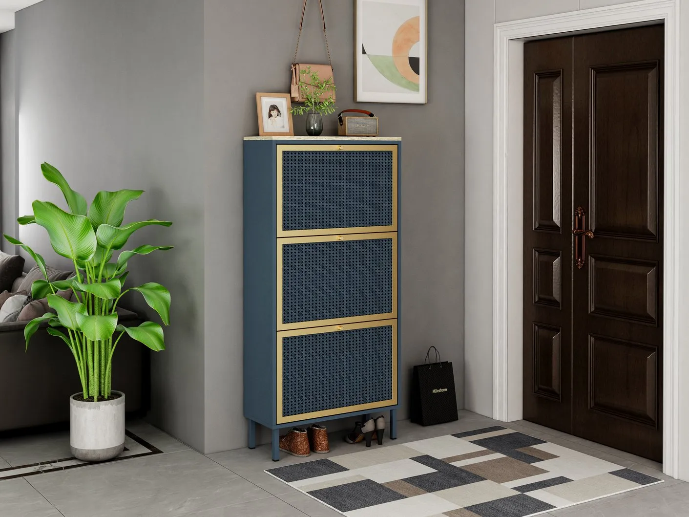 3 Metal Door Shoe Rack – Modern Freestanding Storage Cabinet with Double Shelves For Entryway Elegance