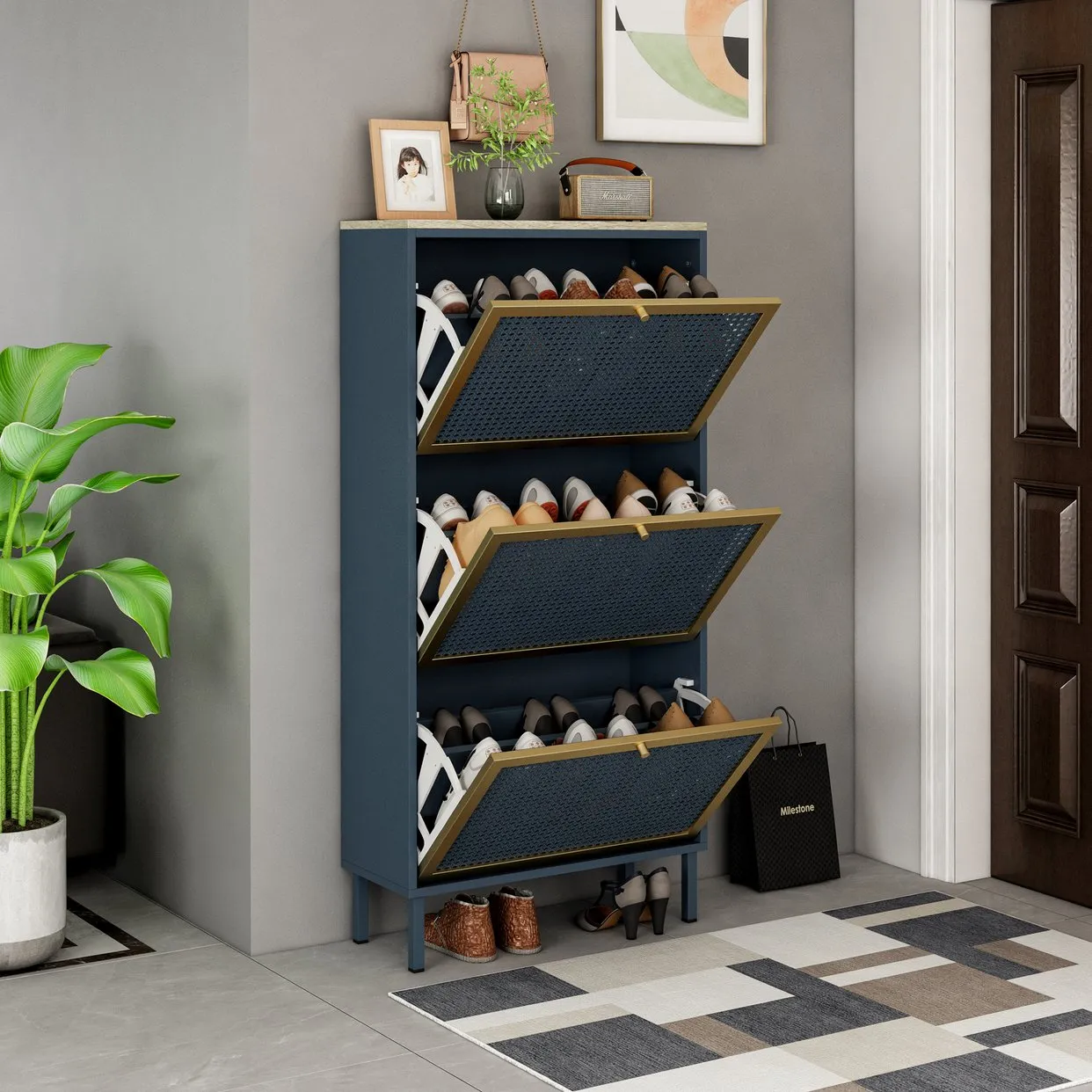 3 Metal Door Shoe Rack – Modern Freestanding Storage Cabinet with Double Shelves For Entryway Elegance