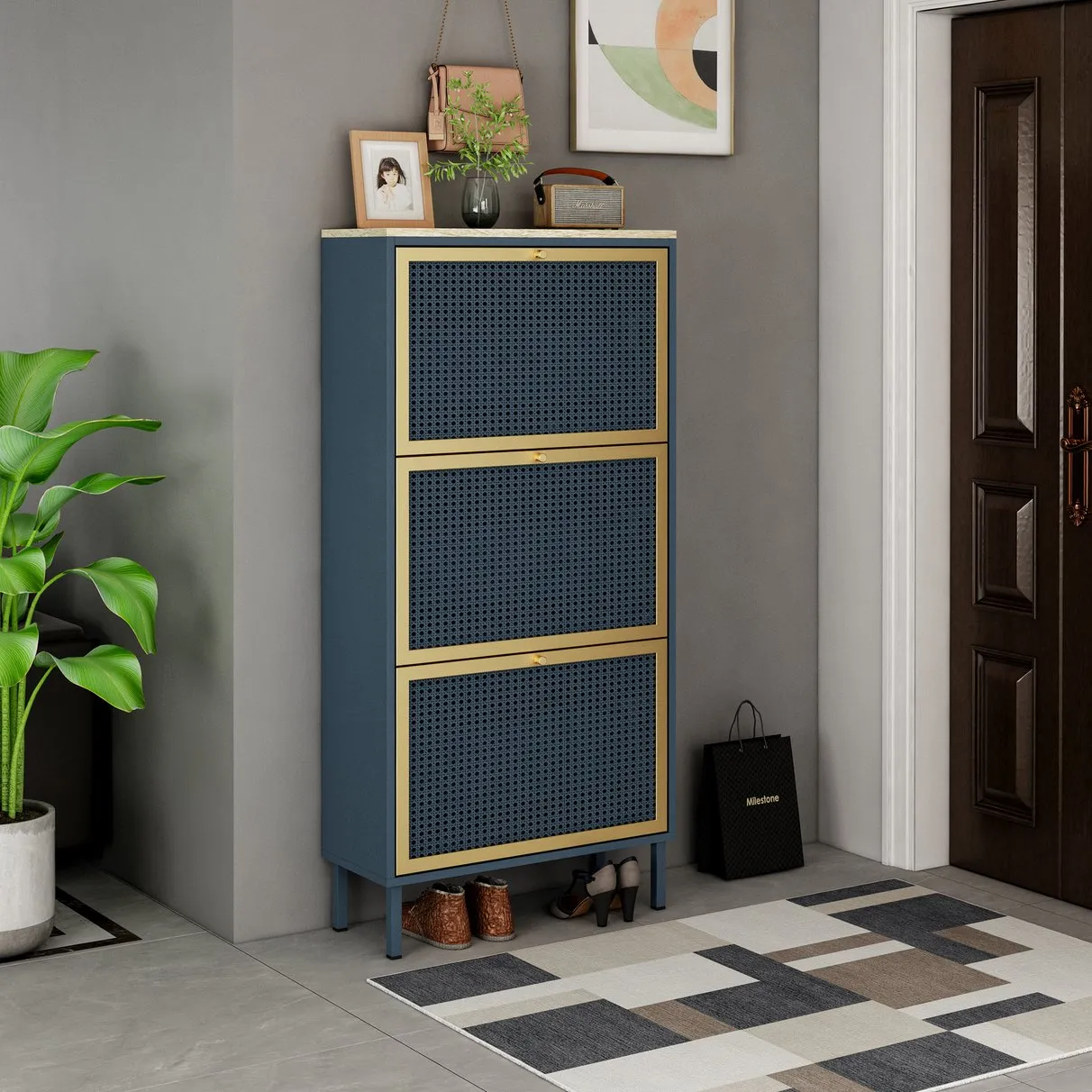 3 Metal Door Shoe Rack – Modern Freestanding Storage Cabinet with Double Shelves For Entryway Elegance