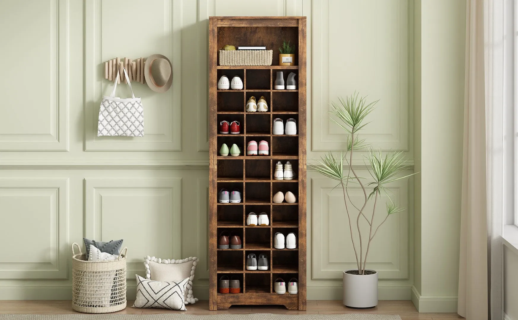 30 Shoe Cubby Console, Contemporary Shoe Cabinet, Multiple Storage, Free Standing, Versatile Use, Rustic Brown